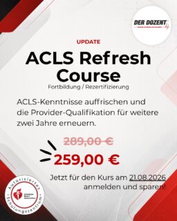 30 € SOMMERRABATT AUF IHRE ACLS-AUFFRISCHUNG!Für den ACLS Refresh Course am 21.08.2026 gilt unser exklusiver Sommerpreis:🔥 NUR 259 € STATT 289 € 🔥Nutzen Sie die Gelegenheit, Ihre ACLS-Kenntnisse aufzufrischen, neue Handlungssicherheit zu gewinnen und nach erfolgreichem Abschluss eine neue AHA ACLS Provider eCard für weitere zwei Jahre zu erhalten.ACLS REFRESH COURSE📅 21.08.2026📍 Henstedt-Ulzburg⏱️ 1 intensiver Präsenztag mit 8 Stunden🎓 14 CME-Punkte🥗 Verpflegung inklusiveFreuen Sie sich auf einen praxisnahen Kurstag mit:✓ realitätsnahen Fallsimulationen✓ wichtigen ACLS-Algorithmen✓ Rhythmuserkennung und Defibrillation✓ Atemwegsmanagement✓ Teamkommunikation und klarer Aufgabenverteilung✓ direktem Feedback durch unser InstruktorenteamHier geht es nicht nur darum, Wissen zu wiederholen. Sie trainieren gemeinsam mit anderen medizinischen Fachkräften und gewinnen Sicherheit für Situationen, in denen jede Entscheidung zählt.Wichtig: Der ACLS Refresh Course richtet sich an Teilnehmende mit einer noch gültigen AHA ACLS Provider eCard.☀️ SOMMERPREIS NUR AM 21.08.2026💶 259 € STATT 289 €🎁 SIE SPAREN 30 €👉 Jetzt Sommerpreis sichern und Platz buchen!#aclsupdate #aclsprovider #notfallmedizin #reanimationstraining #cmefortbildung #henstedtulzburg