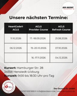 Unsere nächsten ACLS Termine!Die Anmeldung erfolgt auf unserer Website, melden Sie sich telefonisch oder per DM.Wir freuen uns auf tolle Kurse!#acls #aha #aclsrefresh #ahaupdate