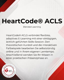 HeartCode® ACLS verbindet flexibles, adaptives E-Learning mit einer eintägigen, ärztlich geführten Skills-Session. Den theoretischen Kursteil und die interaktiven Fallbeispiele bearbeiten Sie selbstständig online und in Ihrem eigenen Lerntempo. Anschließend wenden Sie Ihr Wissen in einer praktischen Präsenzphase an.Am Präsenztag trainieren Sie unter anderem hochwertige Reanimation, Defibrillation, Atemwegsmanagement, Teamkommunikation und die strukturierte Versorgung kardiovaskulärer Notfälle. Die praktische Skills-Session umfasst Fallsimulationen, Debriefings, Teamdynamik, Megacode-Szenarien und die vorgesehenen Kompetenzüberprüfungen.#acls #heartcode #americanheartassociation