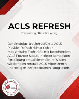 Der eintägige, ärztlich geführte ACLS Provider Refresh richtet sich an medizinische Fachkräfte mit bestehendem ACLS Provider Status. In dieser kompakten Fortbildung aktualisieren Sie Ihr Wissen, wiederholen zentrale ACLS-Algorithmen und festigen Ihre praktischen Fähigkeiten.Der Schwerpunkt liegt auf der sicheren Anwendung bereits bekannter ACLS-Maßnahmen, aktuellen fachlichen Entwicklungen, realitätsnahen Fallsimulationen sowie Kommunikation und Teamführung. Nach erfolgreichem Abschluss erhalten Sie eine neue AHA ACLS Provider eCard.#ecard #acls #refresh #aha #krankenhaus #arzt #doctor