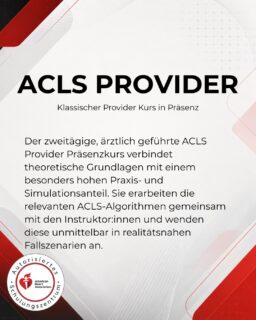 Der zweitägige, ärztlich geführte ACLS Provider Präsenzkurs verbindet theoretische Grundlagen mit einem besonders hohen Praxis- und Simulationsanteil. Sie erarbeiten die relevanten ACLS-Algorithmen gemeinsam mit den Instruktor:innen und wenden diese unmittelbar in realitätsnahen Fallszenarien an.Trainiert werden unter anderem hochwertige BLS-Maßnahmen, Rhythmuserkennung, Defibrillation, Atemwegsmanagement, der Einsatz relevanter Medikamente, Kardioversion, transkutanes Pacing und die Zusammenarbeit in leistungsfähigen Notfallteams. Direktes Feedback und strukturierte Debriefings unterstützen Sie dabei, auch unter Zeit- und Entscheidungsdruck sicher zu handeln.#acls #aha #arzt #krankenhaus #rettung #americanheartassociation #fortbildung #cme