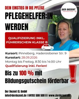 Pflege lernen. Führerschein machen. Beruflich durchstarten.Am 28. September 2026 startet unsere Qualifizierung zum/zur Pflegehelfer:in in Pinneberg. Ideal für alle, die sich eine neue berufliche Perspektive wünschen und gerne mit Menschen arbeiten möchten.Das Besondere: Auf Wunsch können Sie zusätzlich den Führerschein Klasse B erwerben und die Qualifizierung als Mobile Pflegehelfer:in abschließen. Damit verbesserst du besonders deine Chancen auf eine Tätigkeit in der ambulanten Pflege.📍 Kursort: Haderslebener Straße 9, 25421 Pinneberg📅 Kursstart: 28.09.2026🎓 Pflegehelfer:in: bis 16.04.2027🚘 Mobile: Pflegehelfer:in mit Führerschein: bis 24.05.2027💶 Mit Bildungsgutschein bis zu 100 % förderbarDie Förderung kann neben der Pflegequalifizierung auch den Führerscheinunterricht, erforderliche Fahrstunden und die Prüfungsgebühren umfassen.Nutze deine Chance auf einen sinnvollen Beruf mit Zukunft und sichere dir jetzt einen Platz in Pinneberg!📞 04193 508 508 8📧 info@derdozent.deEin weiterer Kurs startet am 16.11.2026 in Henstedt-Ulzburg.#pflegehelfer #pflegequalifizierung #pflegepinneberg #mobilerpflegehelfer #quereinstiegpflege #bildungsgutschein #pinneberg