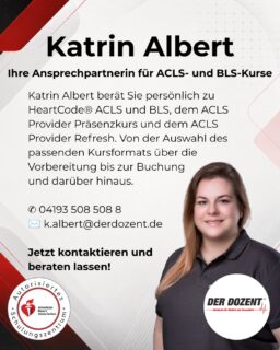 Ihre Ansprechpartnerin für ACLS- und BLS-Kurse: Katrin Albert!Sie möchten wissen, welches ACLS-Kursformat zu Ihnen passt, welche Voraussetzungen gelten oder wie eine Inhouse-Schulung für Ihre Einrichtung organisiert werden kann?Katrin berät Sie persönlich zu HeartCode® ACLS und BLS, dem ACLS Provider Präsenzkurs und dem ACLS Provider Refresh. Von der Auswahl des passenden Kursformats über die Vorbereitung bis zur Buchung und darüber hinaus.