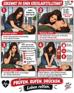 Würdest du einen Kreislaufstillstand erkennen?

Ein Kreislaufstillstand sieht nicht immer so eindeutig aus, wie viele denken.
Entscheidend sind zwei Fragen:

👉 Reagiert die Person?
👉 Atmet sie normal?

Reagiert sie nicht und atmet sie nicht normal, solltest du von einem Kreislaufstillstand ausgehen, 112 rufen und mit der Wiederbelebung beginnen.

⚠️ Wichtig: Auch Schnappatmung ist keine normale Atmung und kann bei einem Kreislaufstillstand auftreten.

Im Ernstfall brauchst du keine komplizierte Diagnose. Du musst erkennen, entscheiden und handeln.

Speichere dir den Beitrag ab, vielleicht brauchst du dieses Wissen irgendwann. ❤️

#WocheDerWiederbelebung #Kreislaufstillstand #Reanimation #ErsteHilfe #Herzstillstand #Notfall  #DerDozent