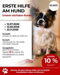 Dein Hund bricht plötzlich vor die zusammen...Er hechelt panisch. Er jault vor Schmerzen. Er bekommt keine Luft....In solchen Momenten gibt es keinen zweiten Versuch.Es gibt keine Zeit, erst im Internet nach einer Lösung zu suchen. Keine Zeit für Unsicherheit. Nur dich und deinen Hund.Die Minuten bis zum Tierarzt können über Leben und Tod entscheiden.Genau deshalb gibt es unseren Erste-Hilfe am Hund-Kurs.Lerne, Notfälle zu erkennen, richtig einzuschätzen und deinem Vierbeiner bis zur tierärztlichen Versorgung sicher zu helfen. Praxisnah, verständlich und mit vielen Übungen, damit du im Ernstfall nicht hilflos danebenstehst.📅 Kurstermine:• 12.07.2026• 12.09.2026• 22.11.2026🎉 Unser Extra: Meldet euch zu zweit oder als Gruppe an und jede:r Teilnehmer:in erhält 10 % Rabatt auf die Kursgebühr.Wir hoffen, dass du dieses Wissen niemals brauchst. Aber wenn doch, wirst du froh sein, vorbereitet zu sein. ❤️#erstehilfeamhund #hundekurs #hundenotfall #hundegesundheit #hundewissen #derdozent #henstedtulzburg #schleswigholstein