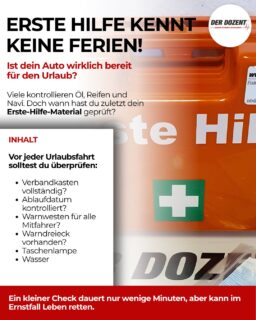 Das Auto ist gepackt. Die Route steht. Die Vorfreude auf den Urlaub ist riesig. Doch hast du auch an den Notfall gedacht?Viele überprüfen vor der Abfahrt den Reifendruck, den Ölstand oder füllen das Wischwasser auf. Der Verbandkasten bleibt dagegen oft jahrelang ungeöffnet – obwohl er im Ernstfall Leben retten kann.Nimm dir vor deiner Reise fünf Minuten Zeit und prüfe:✅ Ist der Verbandkasten vollständig?✅ Sind Pflaster, Kompressen und Verbände noch haltbar?✅ Liegen Warnwesten für alle Mitfahrenden im Fahrzeug?✅ Ist das Warndreieck griffbereit?✅ Hast du eine Rettungsdecke dabei?✅ Hast du ausreichend Trinkwasser für alle Insassen eingepackt?Gerade auf langen Fahrten können Unfälle, Kreislaufprobleme oder kleine Verletzungen jederzeit passieren. Dann zählt jede Minute – und ein gut ausgestattetes Fahrzeug kann den entscheidenden Unterschied machen.Unser Tipp: Kontrolliere deinen Verbandkasten nicht erst kurz vor dem Urlaub. Plane einen kurzen Sicherheitscheck ein und ersetze fehlendes oder abgelaufenes Material rechtzeitig.#erstehilfe #verbandkasten #urlaubsvorbereitung #verkehrssicherheit #autofahren #notfallvorsorge #sicherunterwegs #derdozent