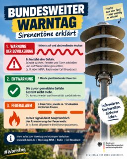 Heute ist bundesweiter Warntag! 🚨Aber weißt du eigentlich, was die unterschiedlichen Sirenentöne bedeuten?⚠️ 1 Minute auf- und abschwellender Heulton: WARNUNG.Es besteht eine Gefahr. Informiere dich über Warn-Apps, Cell Broadcast oder Radio und befolge die offiziellen Hinweise.✅ 1 Minute gleichbleibender Dauerton: ENTWARNUNG.Die zuvor gemeldete Gefahr besteht nicht mehr.🚒 3 Dauertöne mit kurzen Pausen:Dieses Signal kann zur Alarmierung der Feuerwehr eingesetzt werden.Heute werden die Warnsysteme nur getestet. Im Ernstfall kann es aber wichtig sein, die Signale zu kennen.#warntag #bundesweiterwarntag #sirene #bevölkerungsschutz #warnung