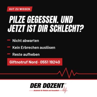 Pilzzeit ist Giftnotrufzeit. Jedes Jahr im Herbst klingeln dort die Telefone, weil der vermeintliche Champignon doch keiner war.
Wenn nach einer Pilzmahlzeit Übelkeit, Erbrechen oder Durchfall kommen, dann gilt:
1. Nicht abwarten, auch wenn es erst Stunden später losgeht. Gerade die gefährlichen Pilze melden sich spät.
2. Kein Erbrechen auslösen und keine Milch trinken.
3. Reste vom Essen und Putzabfälle aufheben. Daran lässt sich der Pilz bestimmen.
4. Giftnotruf Nord anrufen: 0551 19240. Der ist rund um die Uhr besetzt und auch für Schleswig-Holstein und Hamburg zuständig.
Bei Bewusstlosigkeit, Krampfanfall oder Atemnot sofort die 112.
Speicher dir die Nummer am besten gleich im Handy ab. Hast du sie schon drin?
