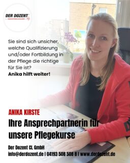 Dürfen wir vorstellen? Das ist Anika, eure Ansprechpartnerin für unseren gesamten Pflegebereich.Wer sich beruflich neu orientieren, in die Pflege einsteigen oder eine passende Qualifizierung finden möchte, ist bei Anika Kirste genau richtig. Sie berät Interessierte persönlich, beantwortet Fragen zu unseren Kursen und unterstützt dabei, den passenden Weg in die Pflege zu finden.Ein besonderer Schwerpunkt liegt auf unseren Qualifizierungen:❤️ Pflegehelfer:inHier erwerben Teilnehmende die fachlichen und praktischen Grundlagen für den Einstieg in die Pflege.🚗 Mobile:r Pflegehelfer:inAuf Wunsch kann die Pflegequalifizierung mit dem Erwerb des Führerscheins Klasse B kombiniert werden. Ideal für alle, die später beispielsweise in einem ambulanten Pflegedienst arbeiten möchten.🤝 Betreuungskraft nach § 53b SGB XIDiese Qualifizierung bereitet darauf vor, pflegebedürftige Menschen im Alltag zu begleiten, zu aktivieren und ihnen mehr Teilhabe und Lebensqualität zu ermöglichen.Auch bei Fragen zu Voraussetzungen, Ablauf, Praktikum und Fördermöglichkeiten ist Anika für euch da. Qualifizierungen können bei Erfüllung der persönlichen Voraussetzungen mit einem Bildungsgutschein bis zu 100 % gefördert werden.Ihr interessiert euch für einen Einstieg in die Pflege oder kennt jemanden, für den diese Chance genau richtig sein könnte? Dann meldet euch bei uns! Anika freut sich darauf, euch kennenzulernen und zu beraten!📞 04193 508 508 8📧 info@derdozent.de#pflegequalifizierung #pflegehelfer #mobilerpflegehelfer #betreuungskraft #bildungsgutschein #quereinstiegpflege #pflegeinschleswigholstein