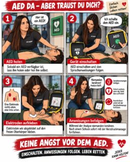 ⚡ AED vorhanden, aber traust du dich, ihn zu benutzen?

Viele Menschen haben Angst, mit einem Defibrillator etwas falsch zu machen.

Dabei ist ein AED genau dafür entwickelt worden, Ersthelfende durch die Wiederbelebung zu führen.

👉 Gerät einschalten
👉 Elektroden wie abgebildet aufkleben
👉 Sprachanweisungen befolgen
👉 Während der Analyse niemanden berühren
👉 Schock auslösen, wenn das Gerät dazu auffordert
👉 Herzdruckmassage fortsetzen

Der AED analysiert den Herzrhythmus und gibt einen Schock nur dann frei bzw. ab, wenn dies erforderlich ist, abhängig vom Gerätetyp.

Also: Keine Angst vor dem AED. Einschalten und den Anweisungen folgen.

#WocheDerWiederbelebung #AED #Defibrillator #Reanimation #ErsteHilfe #Herzstillstand #LebenRetten #DerDozent